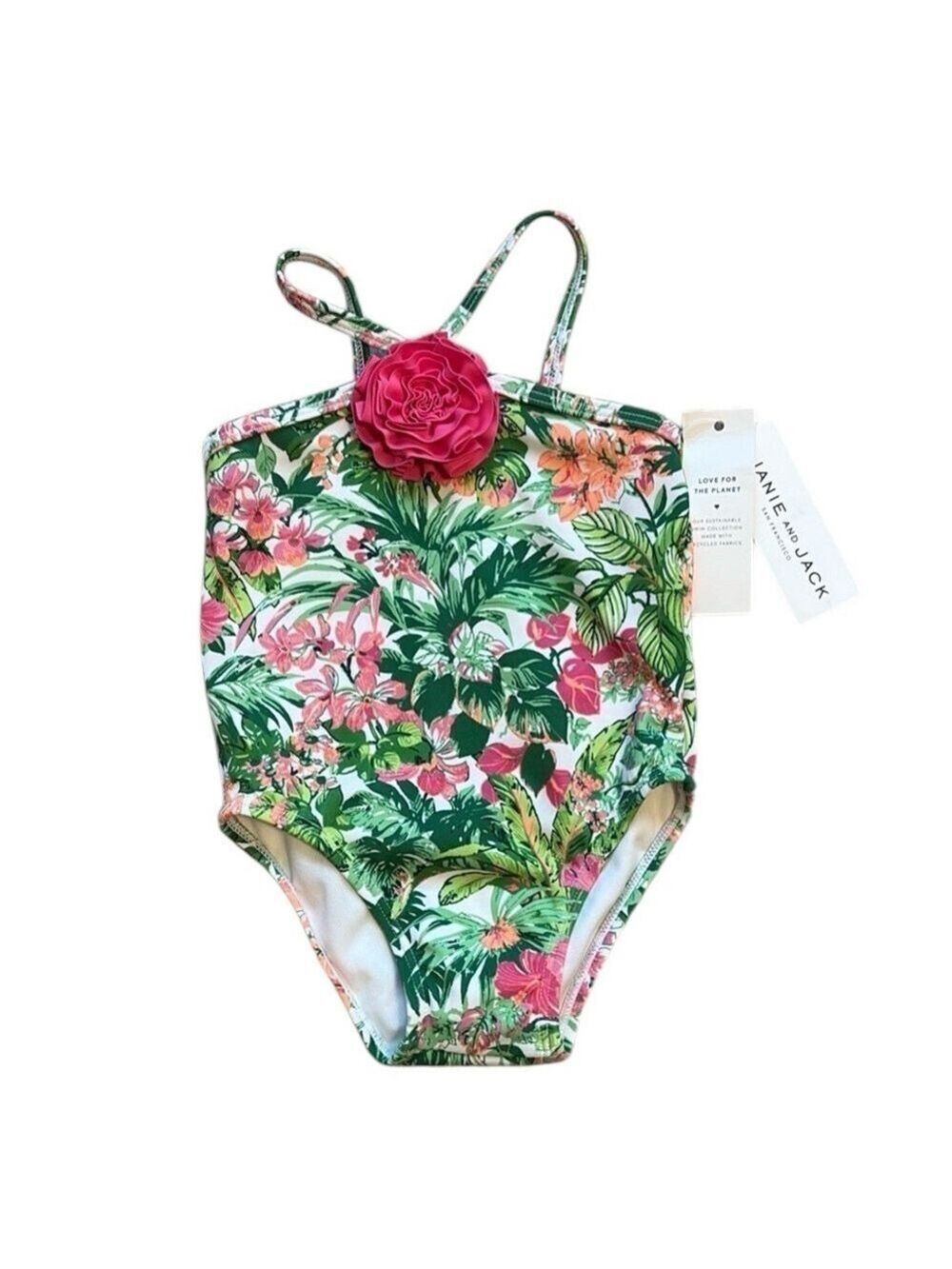 Janie and Jack Floral Kids Swimsuit - Green and Pink Size 12-18 months